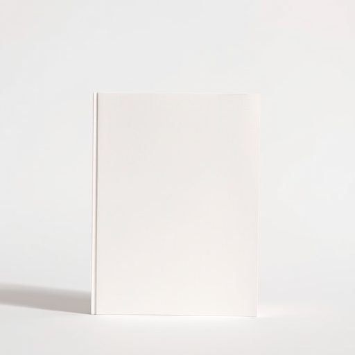 Capture a minimalist image of a blank book standing upright on a plain background, with a Canon EOS R5, 50mm lens, aperture f/1.8, ISO 100, natural daylight lighting for enhanced contrast and clarity.