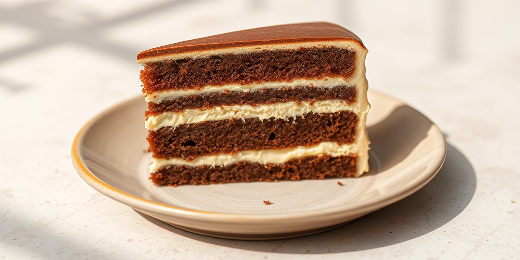 A slice of layered cake on a neutral plate showcasing distinct layers of chocolate and vanilla with cream filling between them, placed on a textured surface in a bright setting.