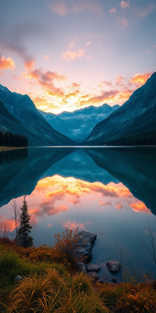 Generate an image of a serene landscape with a lake reflecting mountains at sunset, using a DSLR camera with a 35mm lens, aperture set to f/8, ISO 100, shutter speed 1/200s, wide-angle view, and vibrant colors.