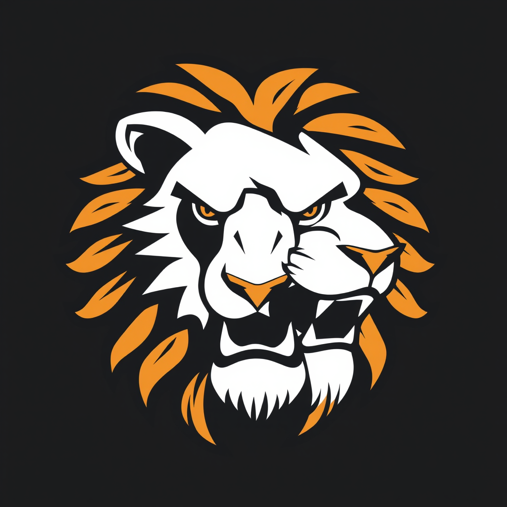 Create a high-resolution image of a stylized lion's head logo with a dynamic expression, captured using a DSLR camera with a 50mm lens at f/1.8, ISO 100, shutter speed 1/200s, natural lighting, from a slightly low angle to emphasize power and detail, in a vector art style.