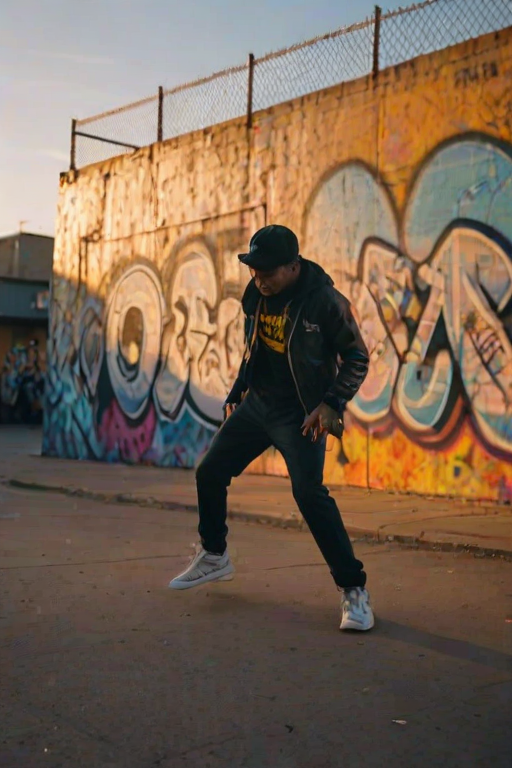 Blurry action shot of a street dancer performing in front of a graffiti-covered wall at dusk, soft golden light casting long shadows, with distant pedestrians watching from the sidewalk.