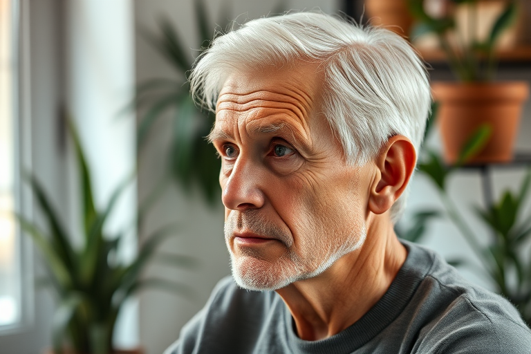 Create an image of a contemplative elderly man with silver hair, slightly turned to the side, in a soft-focus background featuring houseplants, using a DSLR camera with an aperture of f/2.8, a shutter speed of 1/60s, ISO 200, in portrait mode for a warm, textured aesthetic.