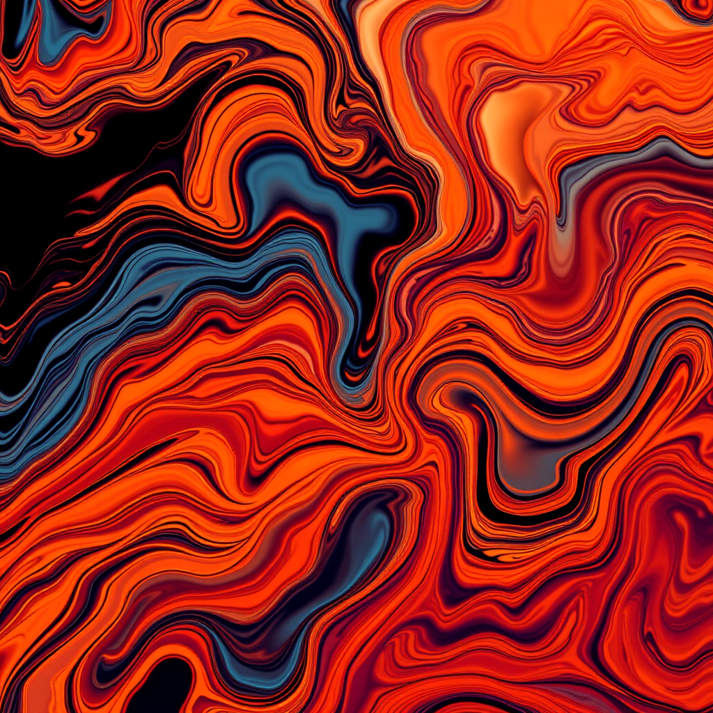 Generate an abstract image with fluid shapes and vibrant colors, focus on swirling patterns and dynamic lines, using a Canon EOS R5 with a 50mm lens, aperture f/1.8, ISO 100, 1/250s shutter speed, top-down view, high dynamic range settings for enhanced detail and depth.
