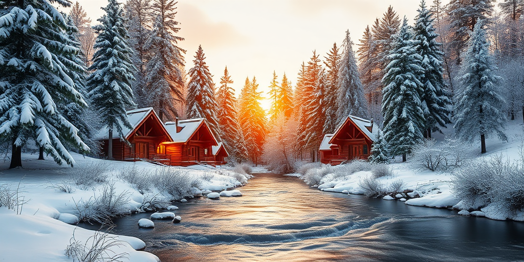 Generate a serene winter landscape with snow-covered pine trees and cozy log cabins near a gently flowing river, soft golden light glistening on the snowflakes, captured in high resolution with a DSLR camera, 24mm lens, f/8 aperture, ISO 100, and 1/125s shutter speed, using a wide-angle perspective for depth and richness in colors.
