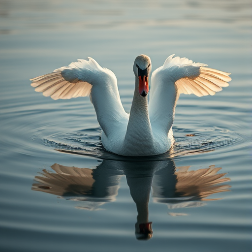 Capture a close-up of a swan spreading its wings on a calm lake, using a Canon EOS R camera with an 85mm f/1.2 lens, set to ISO 400, aperture f/2.8, shutter speed 1/1000s, and a shallow depth of field for a soft background blur.
