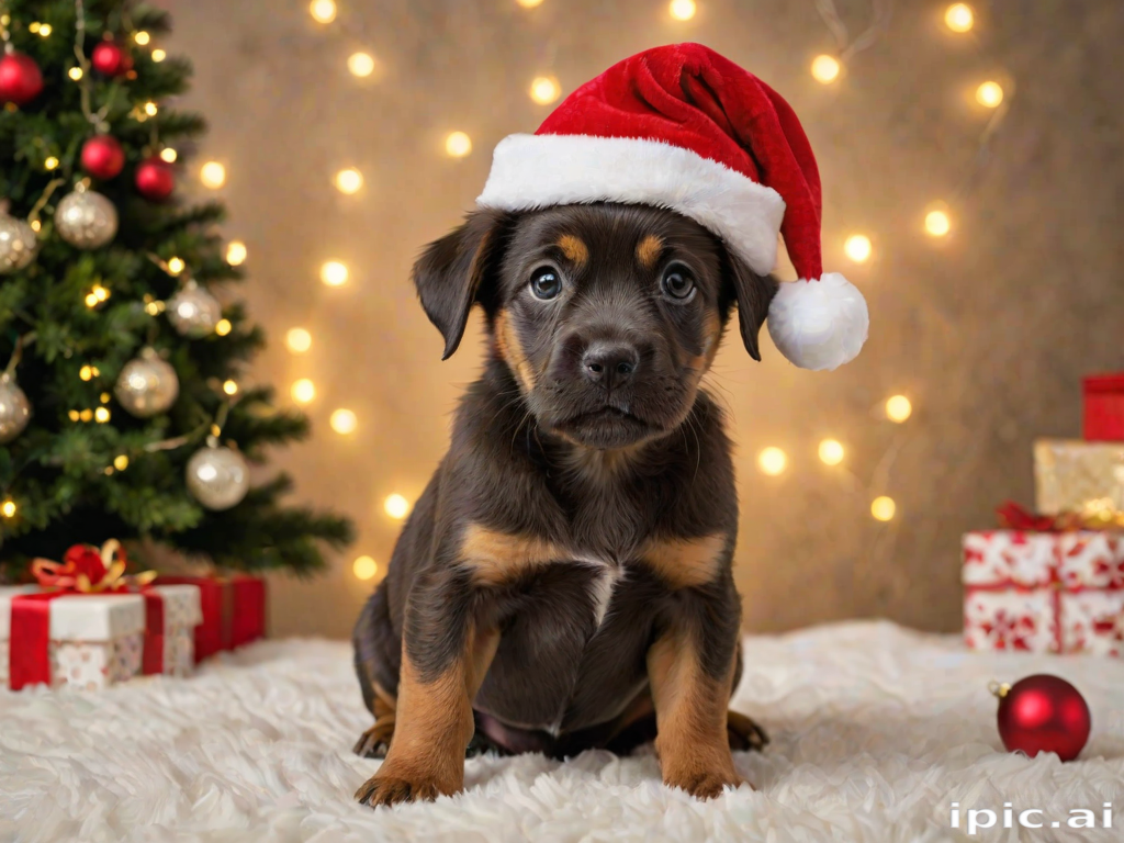 Adorable Puppy in Santa Hat Surrounded by Christmas Decorations and Gifts