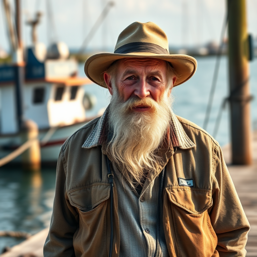 portrait of an old fisherman with a long white beard wearing a hat and rugged clothing standing on a wooden dock by the water with a fishing boat in the background, warm afternoon light, shallow depth of field, 50mm lens, f/1.8 aperture, ISO 100, natural lighting, high-resolution digital photography