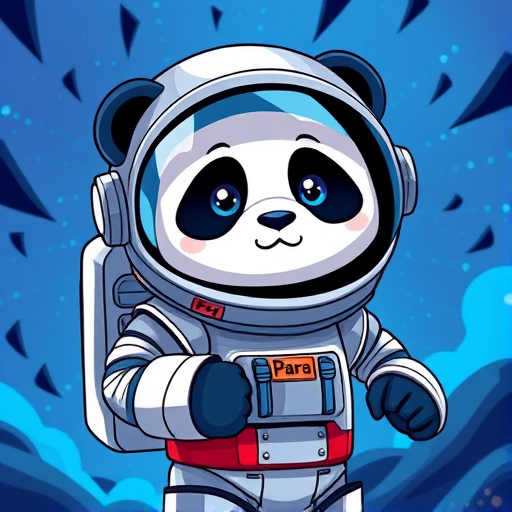 Create an illustration of a cartoon panda in a futuristic astronaut suit, set against a vibrant, dynamic background with blue and black elements, using a DSLR camera with a 50mm lens, aperture set to f/1.8, ISO 100, and a shallow depth of field for enhanced detail and sharpness.