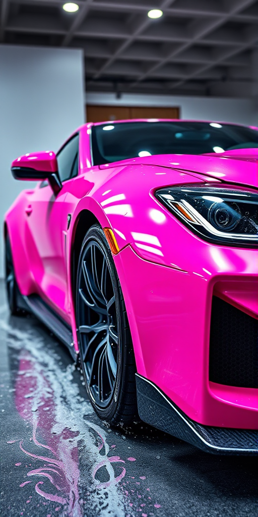 High-resolution image of a vibrant pink sports car with dynamic splash effects, shot with a DSLR camera at f/2.8 aperture, ISO 100, 35mm lens, from a low angle view to emphasize the car's sleek lines and reflective surfaces, with a shallow depth of field to blur the background and enhance foreground details.
