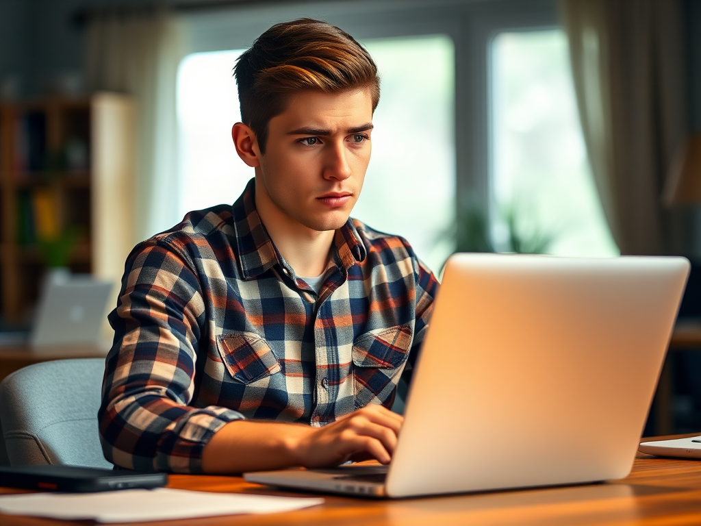 A young man in a plaid shirt with a concerned expression sitting at a desk facing a laptop, warm indoor lighting, shallow depth of field, 50mm lens, f/1.8 aperture, ISO 200, natural window light, soft focus background.