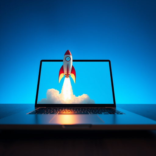 Create a vivid digital illustration of a rocket launching from a laptop screen, with a bright blue background, using a Canon EOS R5 camera, 50mm lens, aperture f/2.8, ISO 100, shot from an eye-level perspective to enhance depth and detail.