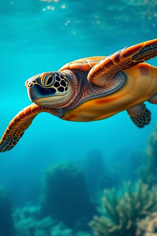Create a high-resolution illustration of a turtle swimming underwater with vibrant colors, using a Canon EOS R5 camera, f/8 aperture, 1/250 sec shutter speed, and a 24-70mm lens, captured from a side view with natural lighting to enhance image clarity and detail.