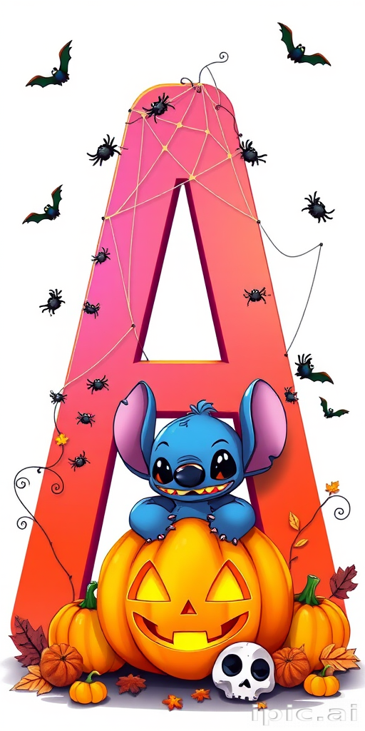 A whimsical and vibrant Halloween-themed digital illustration featuring the letter 'A' adorned with spider webs, small bats, and cute spiders. At the base of the letter, a playful alien character similar to Stitch is peeking out from inside a carved pumpkin with glowing eyes, surrounded by additional pumpkins, a small skull, and autumn leaves. The letter is gradient-colored from orange to purple, adding a magical atmosphere to the scene.