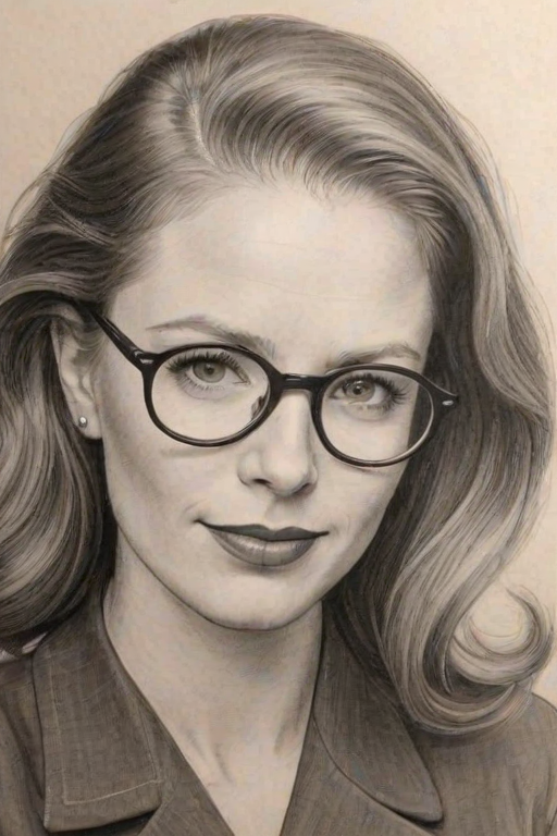 Fascinating Jesse Tyler Ferguson, pencil sketch, portrait of Appealing woman 1942s in glasses, hair style beatnik, outline, clear lines, fine lines, 8k
