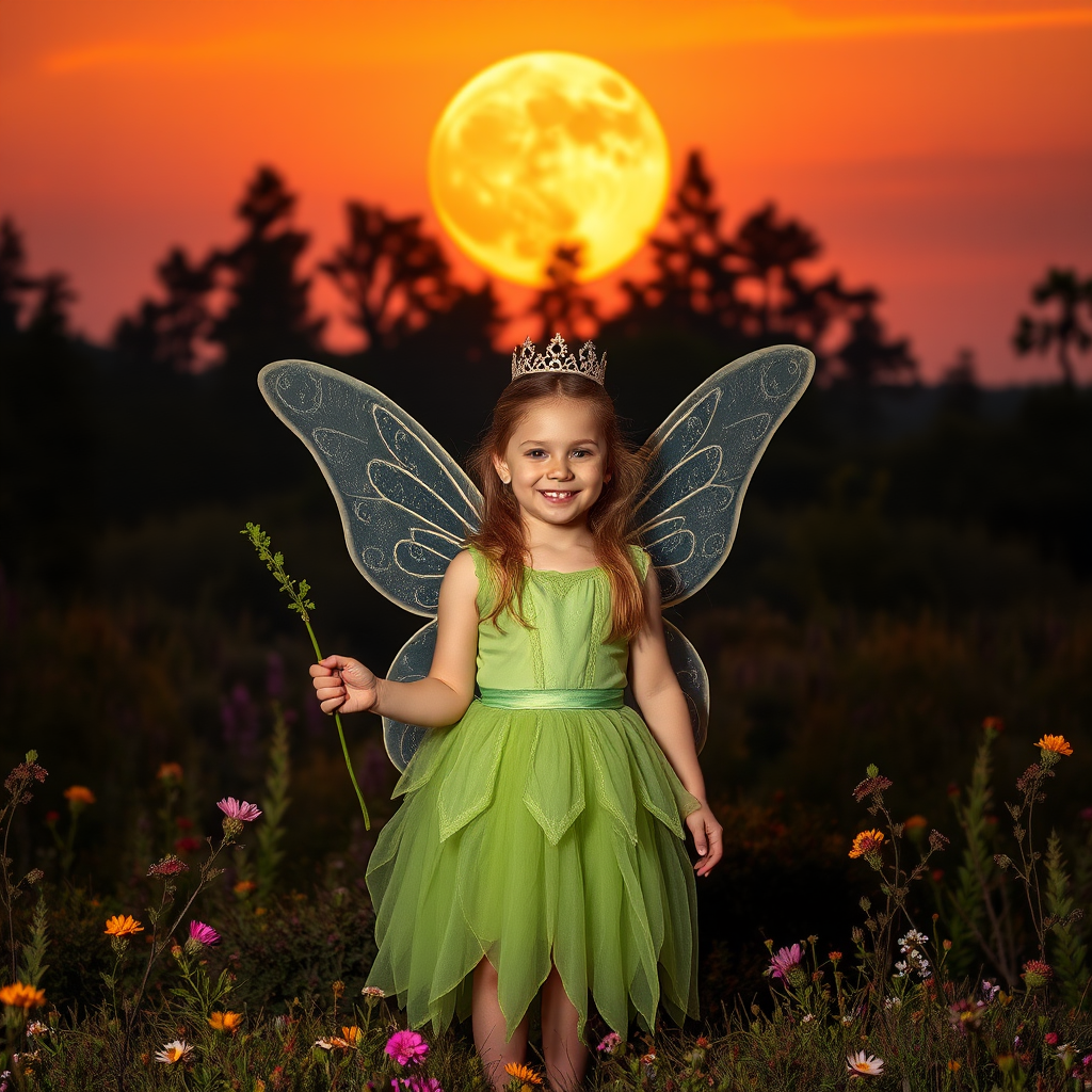 A vivid photo  taken under a bright camera flash of a fantastical scene set against a backdrop of a forest during sunset. The main subject is a girl dressed as a fairy, adorned with translucent wings and a green dress, holding a wand, her face is happy, and she wears a crown on her head. The forest behind her is a blend of flowers, shrubs and trees. The sky is painted in hues of orange and pink, with a large, glowing moon casting a warm glow over the scene. The overall color palette is dominated by earthy tones.