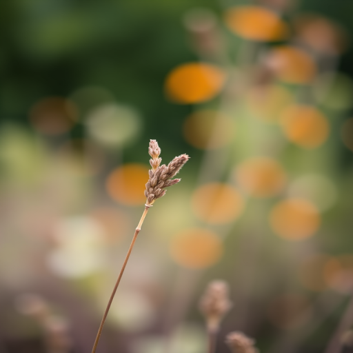 Capture a shallow depth of field photograph of a dried plant in the foreground with a blurred green and orange background, using a DSLR camera, 50mm lens, f/2.8 aperture, ISO 100, shutter speed 1/200s, in natural soft light.
