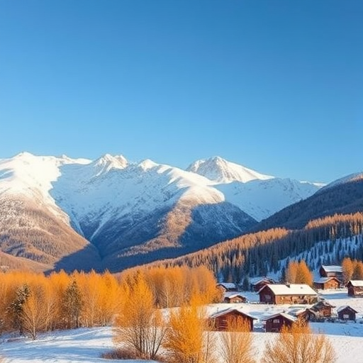 capture a stunning winter landscape of snow-covered mountains with a foreground of golden trees and quaint village houses under a bright blue sky, use a DSLR camera with a 24mm lens, aperture f/8, shutter speed 1/200s, ISO 100, in landscape orientation for sharp details and vibrant colors