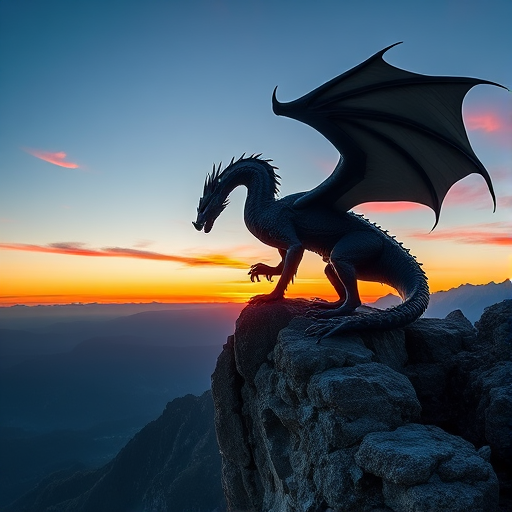 Create a high-resolution fantasy image of a powerful black dragon perched on a rocky cliff with mountains in the background during sunset, using a Canon EOS R5 camera at f/2.8, ISO 100, 1/500 sec, with a wide-angle lens at 24mm for dramatic depth of field and vibrant colors.