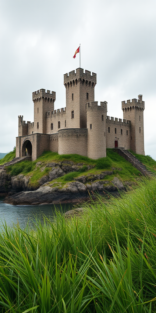 High-resolution image of a medieval castle on a rocky island with lush grass in the foreground, captured with a DSLR camera at f/8 aperture, ISO 100, 1/250 sec exposure, shot from a low angle to emphasize the height of the towers, using a wide-angle lens for a panoramic view.