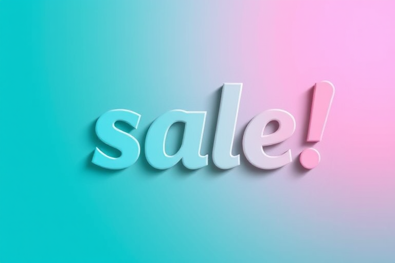 Create a vibrant promotional image featuring the word "sale!" prominently in an artistic font, with a smooth gradient background transitioning from teal to a lighter shade, shot with a Canon EOS R5, using a 50mm lens at f/1.8, ISO 100, in a well-lit studio setting for optimal clarity and sharpness.