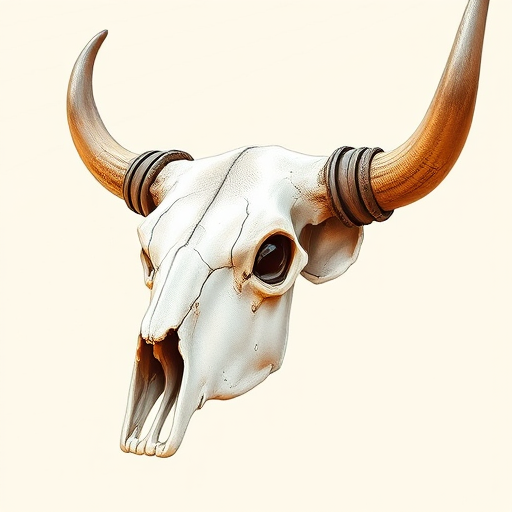 Create a detailed illustration of a longhorn skull with impressive horns, captured with a DSLR camera at f/2.8 aperture, 50mm lens, ISO 100, in a shallow depth of field, using natural light to enhance texture and details.