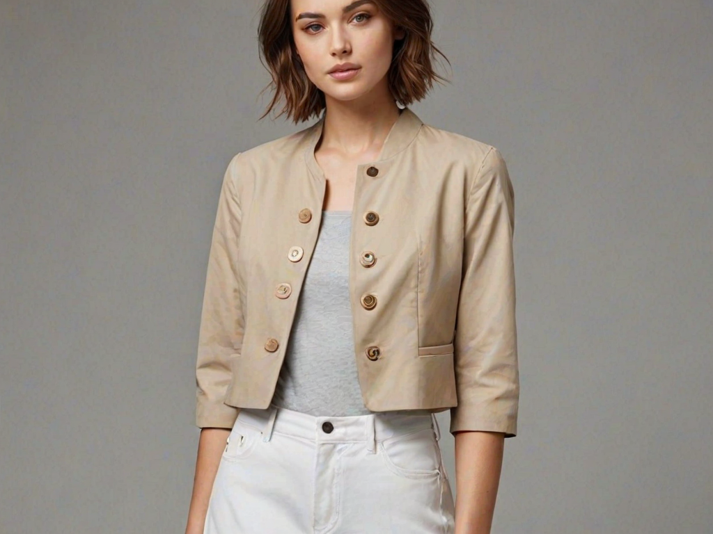 design a simple outline of a cropped jacket with an open front and three buttons on one side