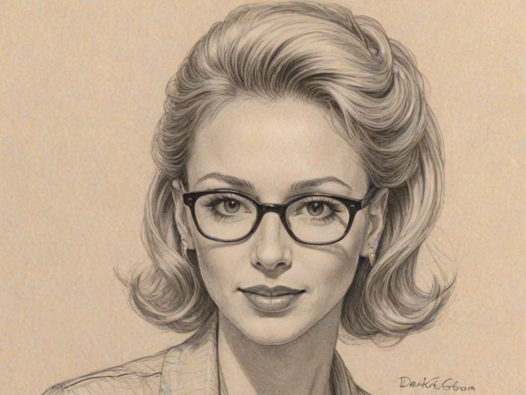 Exquisite Debbie Gibson, pencil sketch, portrait of Enchanting woman 1951s in glasses, hair style beatnik, outline, clear lines, fine lines, 8k