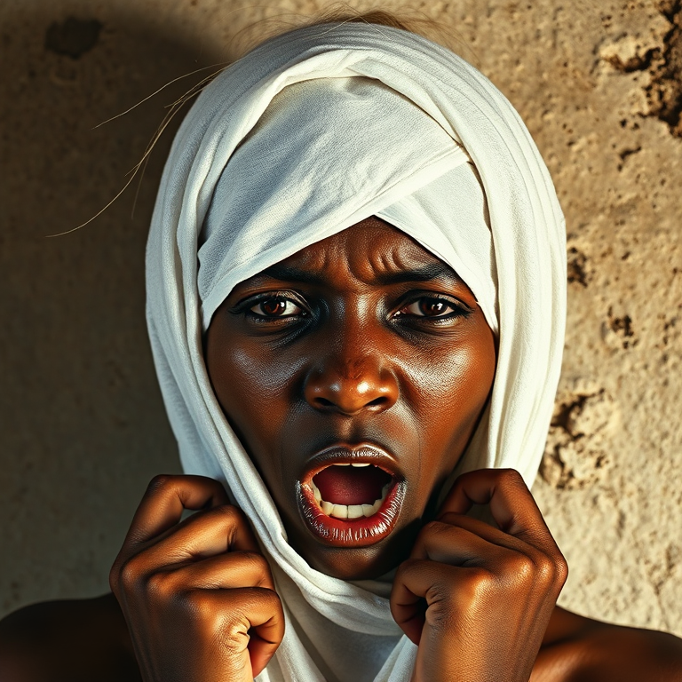 Create a close-up photographic image of a Zulu woman with light skin tones shown against an old, worn wall. Their head is wrapped in a white cloth covering (i.e.... parts of the head except the nose and mouth, which are open as if they are screaming...), with a slight texture and visible folds in the fabric. Thin strands of blonde hair escape from the wrapping above, falling lightly at the top and sides. Their hands hold the fabric as if they are tugging nervously. The lighting is dramatic and even, casting strong shadows. The image has a minimalist and surreal style with an emphasis on simplicity with soft color tones. The composition is centered.