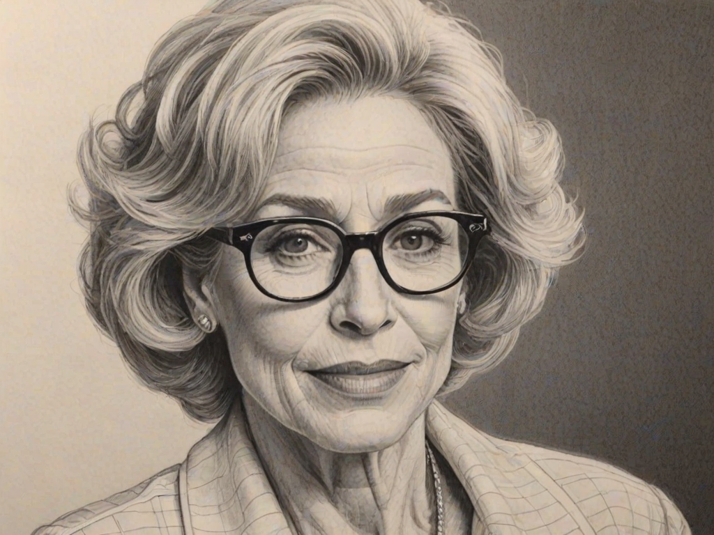 Alluring Holland Taylor, pencil sketch, portrait of Alluring woman 1970s in glasses, hair style beatnik, outline, clear lines, fine lines, 8k