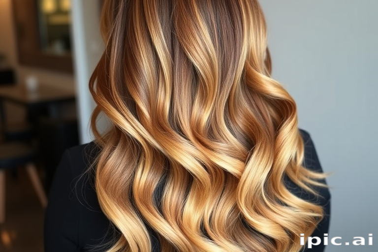 Elegant balayage ombre transitioning from dark roots to honey blonde ends, long wavy tresses cascading down the back, exuding effortless glamour and sophistication