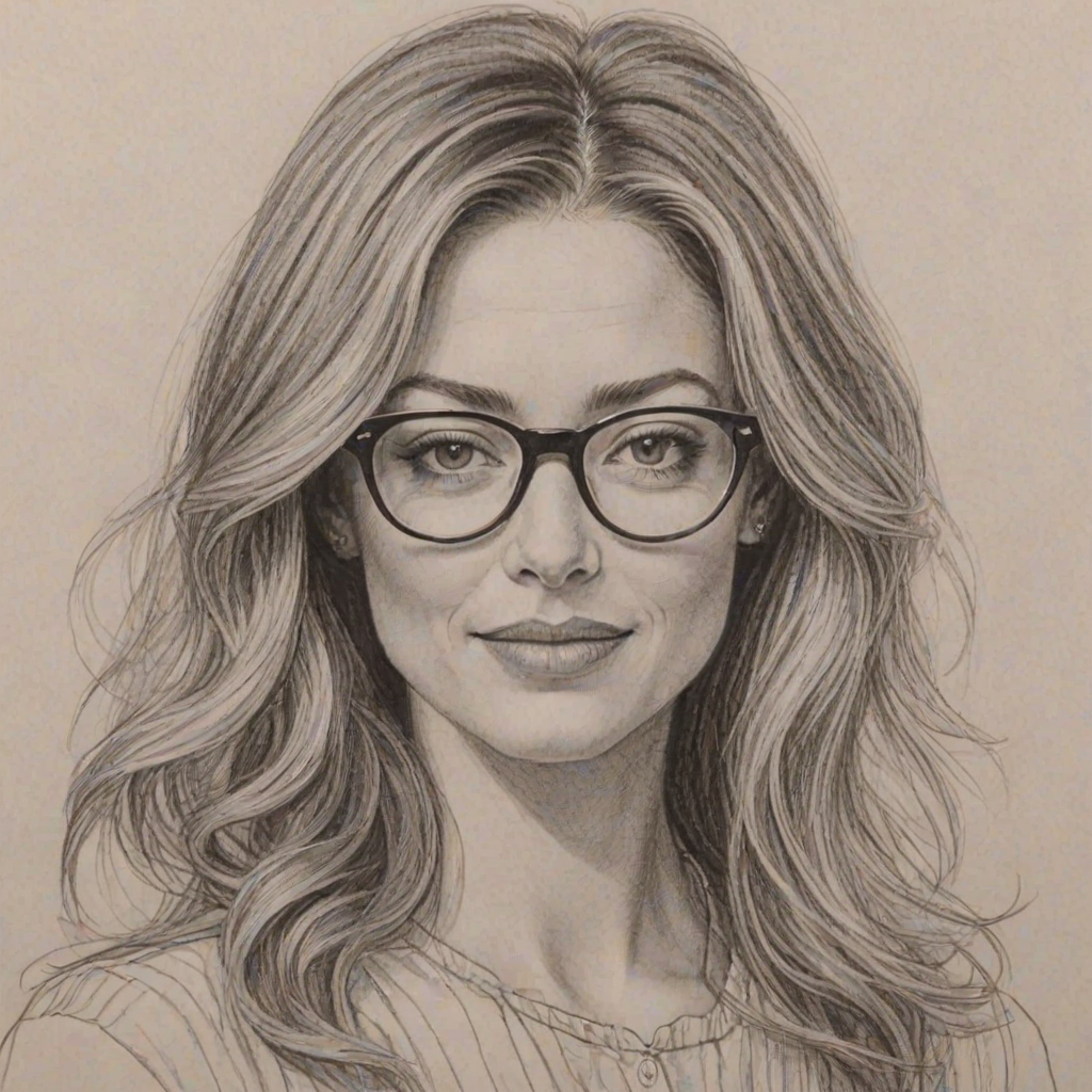 Charming Rebecca Gayheart, pencil sketch, portrait of Bewitching woman 1969s in glasses, hair style beatnik, outline, clear lines, fine lines, 8k