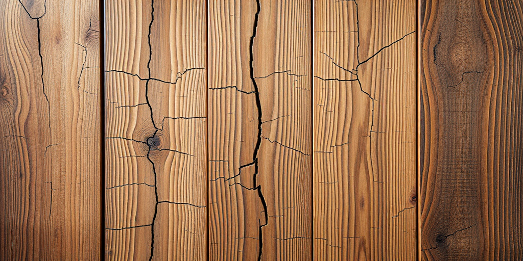 Create a high-resolution image of five wooden panels with varying patterns of cracks and fractures, using a DSLR camera with a 50mm lens, aperture set to f/2.8, ISO 100, and a shallow depth of field, in a well-lit studio setting to enhance textures and details.
