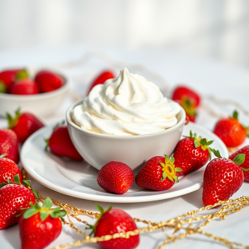 high-quality image of a bowl filled with whipped cream on a white plate, surrounded by fresh strawberries and gold decor, soft natural lighting, taken with a DSLR camera, 50mm lens, f/2.8 aperture, ISO 200, shallow depth of field for a blurred background