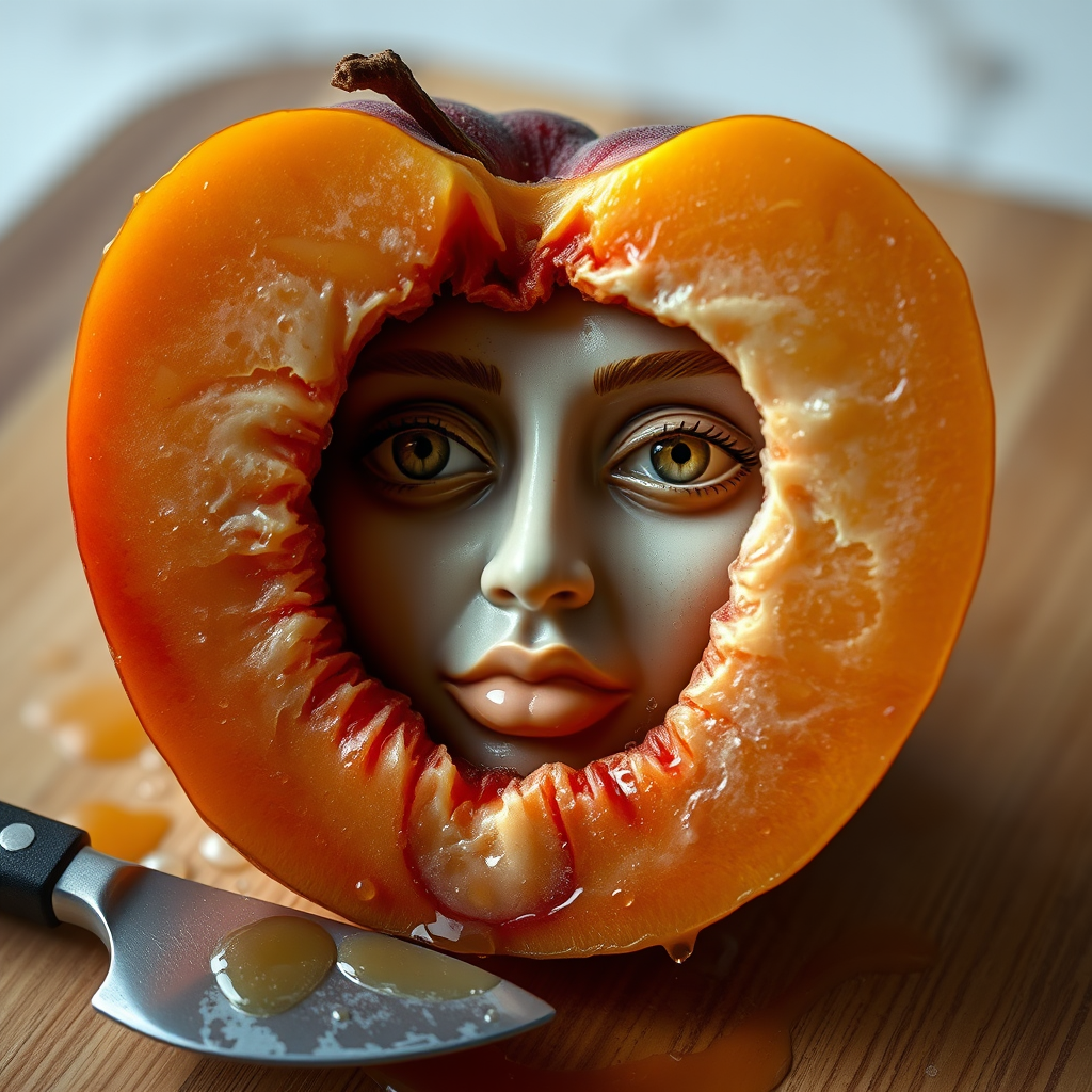 A hyperdetailed photorealistic macro color saturated high resolution image of a peach cut in half, with the peach pit being a highly detailed sculpted woman's face with her eyes open and peach-colored irises. The face has a marble texture. The image includes condensation, moisture, and peach juice. The peach is on a wooden cutting board with a small fruit knife nearby, also covered with juice.