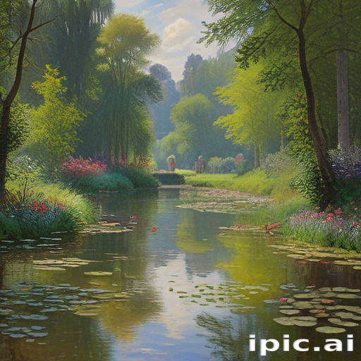 Tranquil River Scene Surrounded by Lush Greenery and Vibrant Flowers