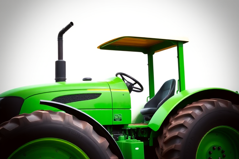 create a high-quality vector illustration of a green tractor with a white roof, focusing on a side view, using a soft-focus effect, with a simulated film grain texture, shot with a DSLR camera at f/8, ISO 100, and a shutter speed of 1/250 sec, emphasizing vibrant colors and clean lines