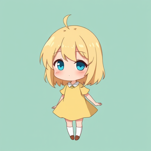 Create an illustration of a cute anime-style character with blonde hair and one eye winking, wearing a light yellow dress and white socks, set against a soft teal background, using a DSLR camera at f/2.8, ISO 100, 50mm lens, in a soft focus style to enhance the overall image quality.