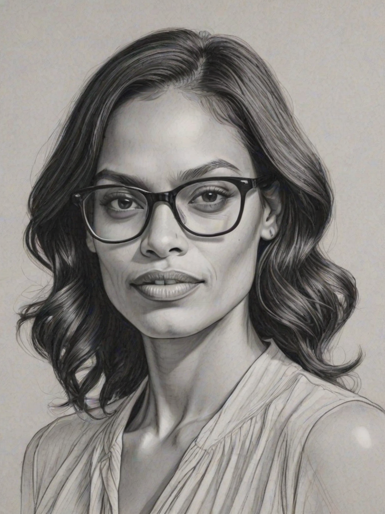 Wonderful Rosario Dawson, pencil sketch, portrait of Captivating woman 1926s in glasses, hair style beatnik, outline, clear lines, fine lines, 8k