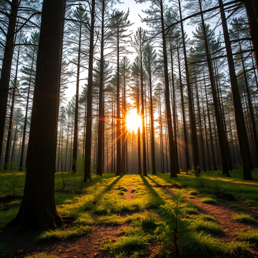 Create an image of a serene forest landscape during golden hour with soft sunlight filtering through the trees, using a Canon EOS R5, 24mm lens, f/8 aperture, ISO 100, shot from a low angle to capture depth and vibrant colors.