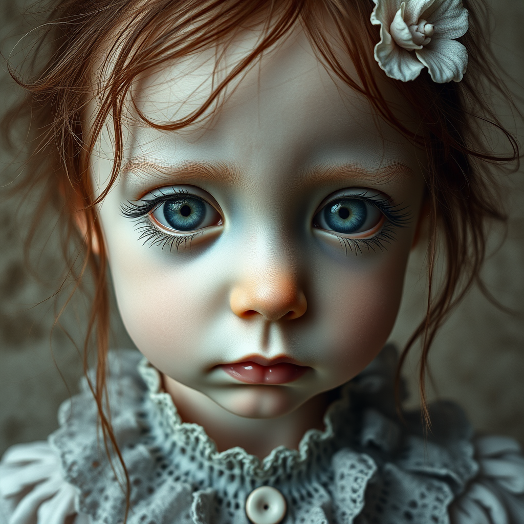 COLOR CHALK AND GRAPHITE, MACRO, WHIMSICAL CHILD,  PORCELAIN SKIN, VERY BIG GREY-BLUE EYES LOOKING DOWN WITH EXTREMELY LONG EYELASHES, SMALL MOUTH,  STRINGY AND MESSY BROWN HAIR with a flower, grey frilly lace collar, sad. The background should be textured and neutral in color to make the subject stand out. Orton effect, surreal, style of Nicoletta Ceccilo