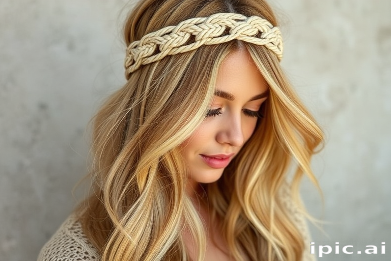 Bohemian-inspired long layers in warm honey blonde, styled with loose beachy waves and adorned with a macramé headband, perfect for free-spirited souls