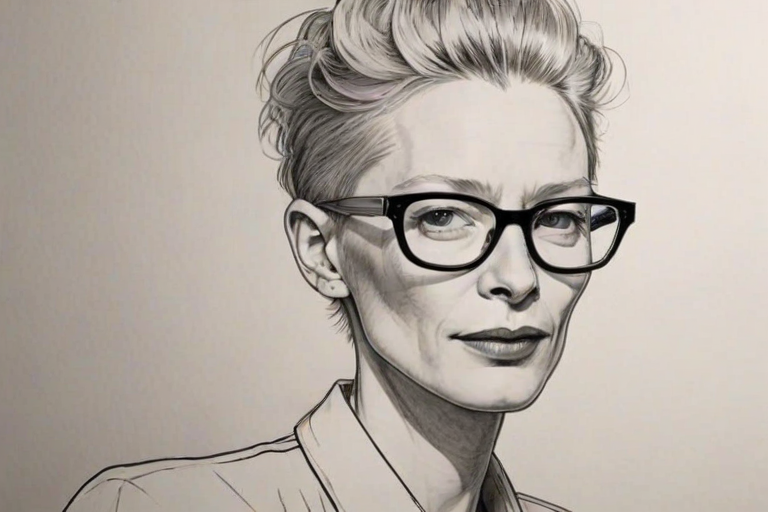 Graceful Tilda Swinton, pencil sketch, portrait of Fascinating woman 1955s in glasses, hair style beatnik, outline, clear lines, fine lines, 8k