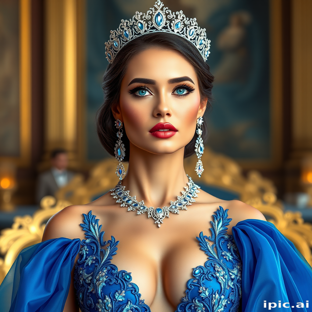 A gorgeous woman in a luxurious blue gown, accessorized with a dazzling tiara and statement earrings, her deep blue eyes highlighted by impeccable makeup, poised in a royal setting, photorealistic, 8K quality
