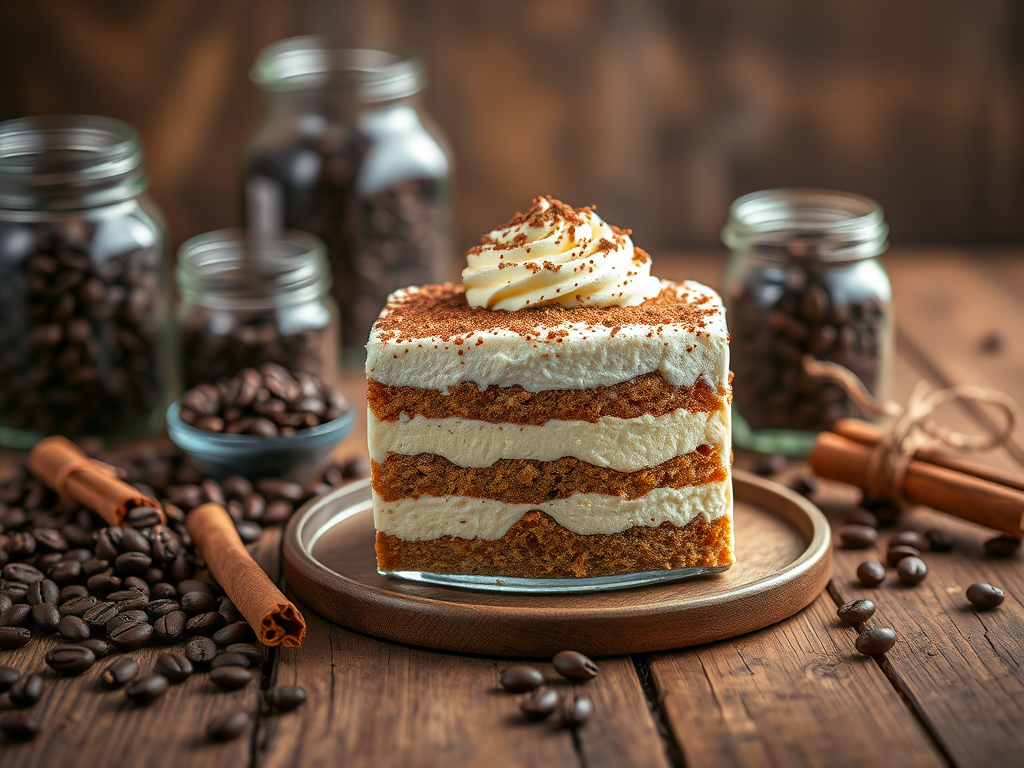 A beautifully layered tiramisu dessert on a rustic wooden table surrounded by coffee beans, cinnamon sticks, glass jars, and warm lighting, captured with a Canon EOS R5, 50mm lens, f/1.8 aperture, ISO 100, 1/125 sec, soft focus background to enhance the subject.