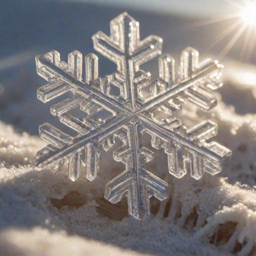 High-resolution close-up of a snowflake melting on the surface of a warm, woolen mitten, soft sunlight highlighting the intricate crystal structure, with faint breath visible in the cold air.