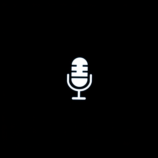 Create a high-resolution image of a stylized microphone icon on a black background with dramatic lighting, captured with a DSLR camera, 50mm lens, aperture f/1.8, ISO 100, in a macro view to enhance detail.