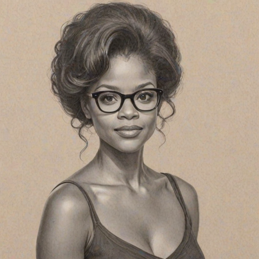 Resplendent Kimberly Elise, pencil sketch, portrait of Graceful woman 1967s in glasses, hair style beatnik, outline, clear lines, fine lines, 8k