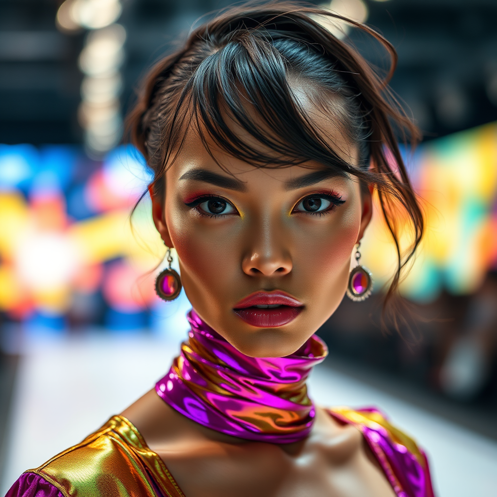 Runway capture, a beautiful model, vibrant colors, metallic textures, high fashion editorial , a 100mm macro lens to get extreme close-ups of intricate details like fabric stitching, accessories, or makeup artistry