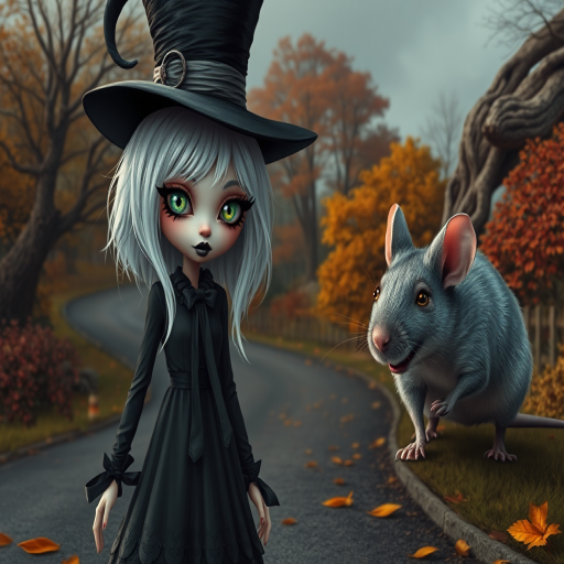 digital art fantasy depicting a strange girl with white hair, long eyelashes, black lipstick and a tall hat walking along a winding road on an autumn afternoon, an Rat smiles as she passes