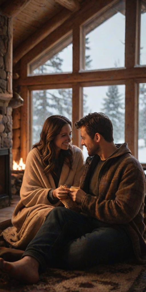 Warm, intimate photo of a couple sitting by a fireplace in a rustic cabin, soft glow from the flames illuminating their faces, a warm blanket draped over their laps, the smell of burning wood and the soft crackle of the fire filling the air, snow falling outside the window behind them.